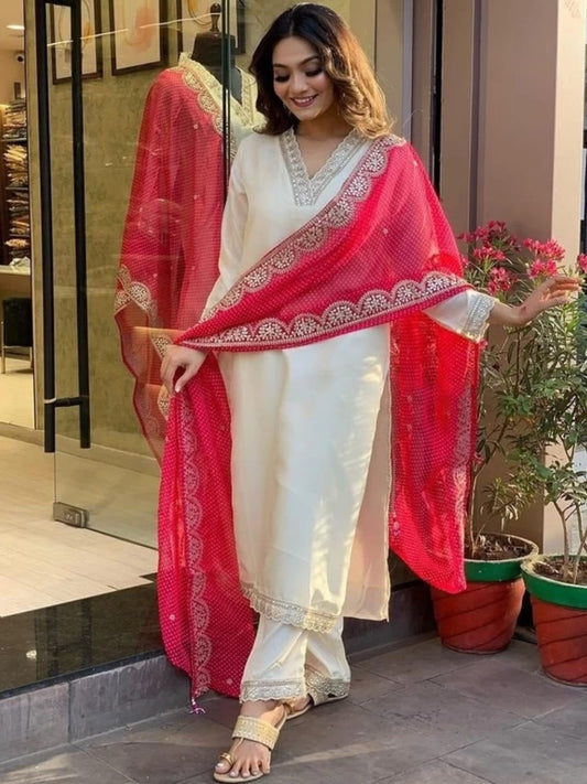 Elegant FlexFeb Gadhawal Plain White Suit Set with Pink Embroidered Dupatta – Graceful 3-Piece Ethnic Ensemble for Women (S to XXL)