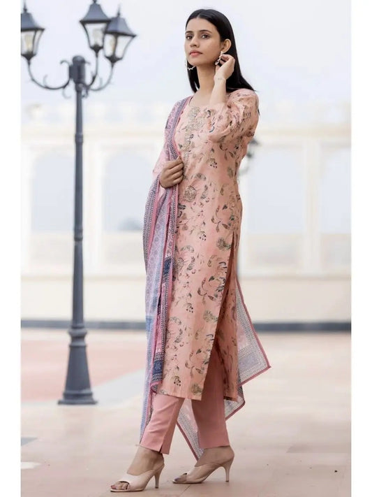 Elegant FlexFeb Tebby Cotton Light Coffee Floral Suit Set – 3-Piece Summer Ethnic Ensemble with Printed Dupatta (S to XXL)