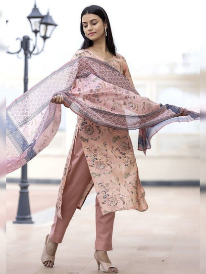 Elegant FlexFeb Tebby Cotton Light Coffee Floral Suit Set – 3-Piece Summer Ethnic Ensemble with Printed Dupatta (S to XXL)