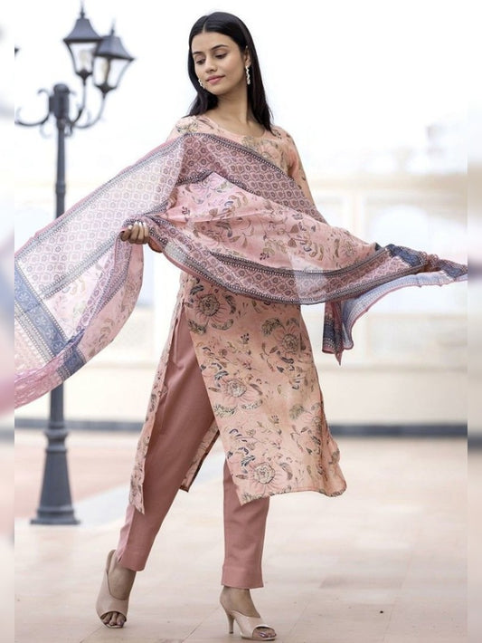 Elegant FlexFeb Tebby Cotton Light Coffee Floral Suit Set – 3-Piece Summer Ethnic Ensemble with Printed Dupatta (S to XXL)