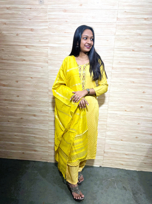 Radiant FlexFeb Jacquard Lemon Yellow 3-Piece Suit Set – Festive Ethnic Wear with Elegant Embroidery & Dupatta (Sizes S to XXL)