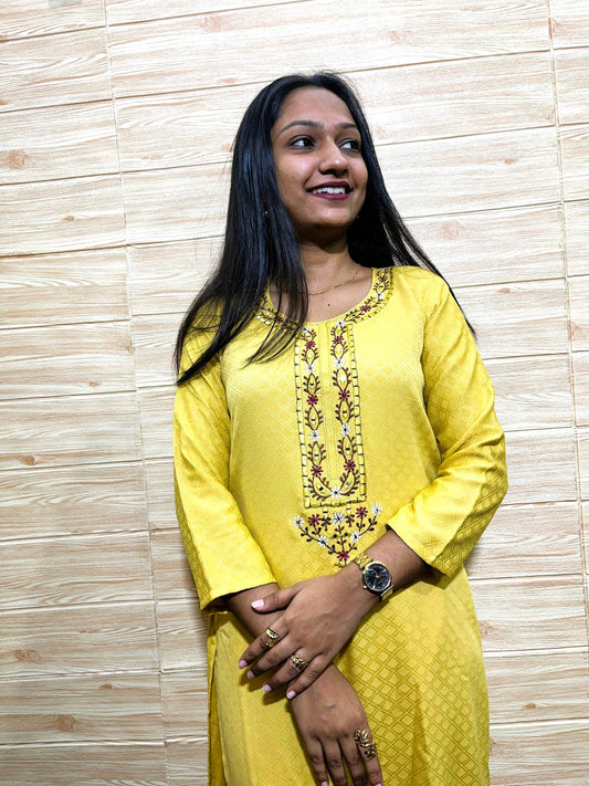 Radiant FlexFeb Jacquard Lemon Yellow 3-Piece Suit Set – Festive Ethnic Wear with Elegant Embroidery & Dupatta (Sizes S to XXL)