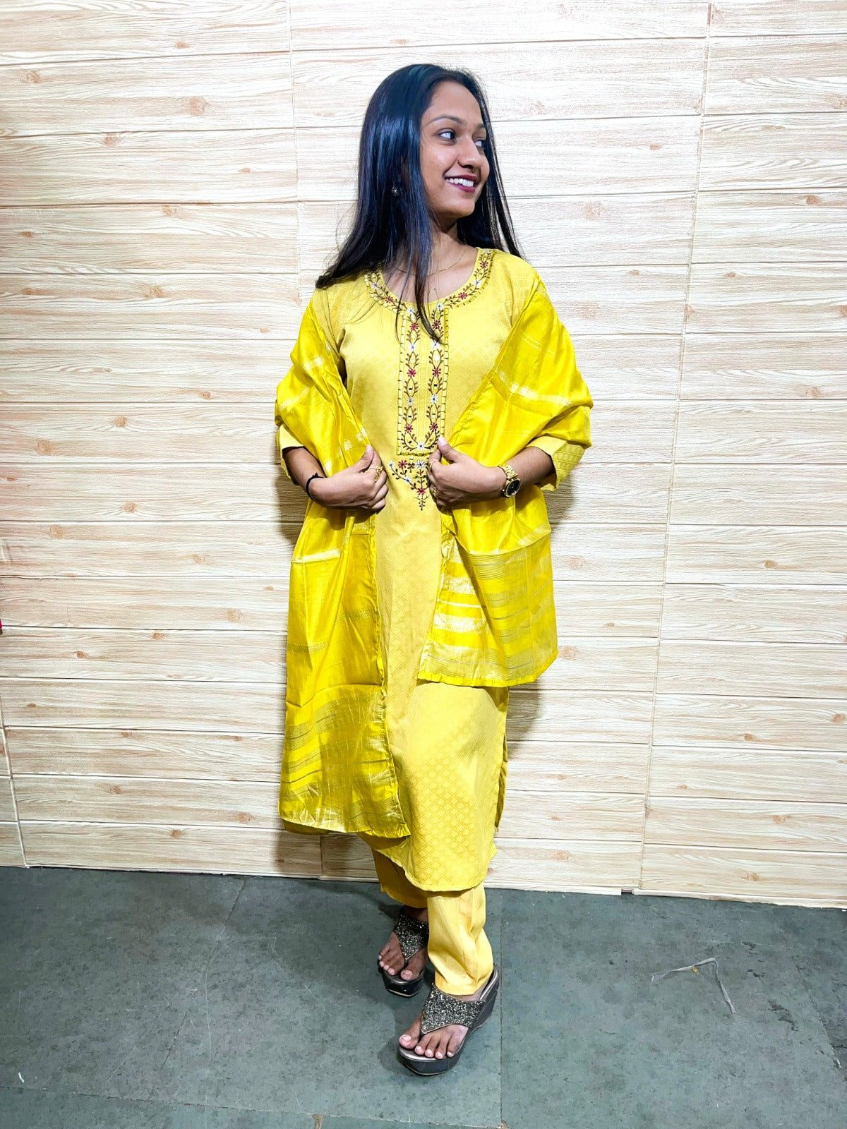 Radiant FlexFeb Jacquard Lemon Yellow 3-Piece Suit Set – Festive Ethnic Wear with Elegant Embroidery & Dupatta (Sizes S to XXL)
