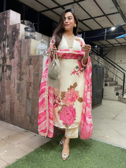 Elegant FlexFeb Teby Silk White & Pink 3-Piece Suit Set with Vibrant Floral Print and Dupatta – Premium Ethnic Outfit for Festive and Casual Occasions