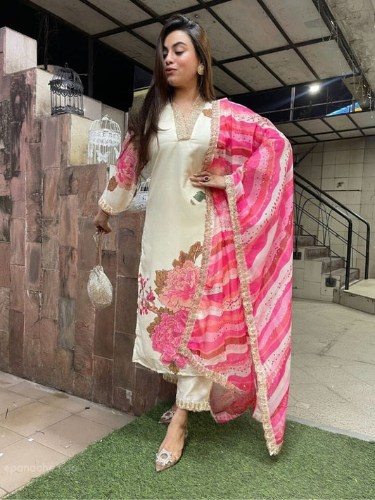 Elegant FlexFeb Teby Silk White & Pink 3-Piece Suit Set with Vibrant Floral Print and Dupatta – Premium Ethnic Outfit for Festive and Casual Occasions