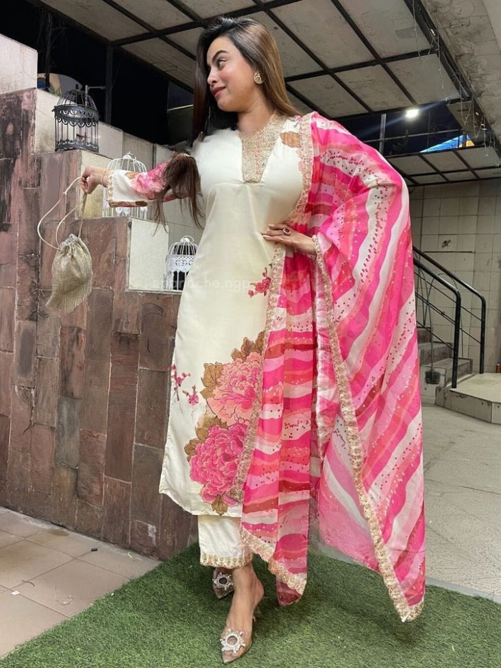 Elegant FlexFeb Teby Silk White & Pink 3-Piece Suit Set with Vibrant Floral Print and Dupatta – Premium Ethnic Outfit for Festive and Casual Occasions