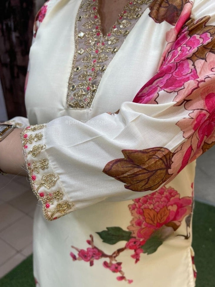 Elegant FlexFeb Teby Silk White & Pink 3-Piece Suit Set with Vibrant Floral Print and Dupatta – Premium Ethnic Outfit for Festive and Casual Occasions