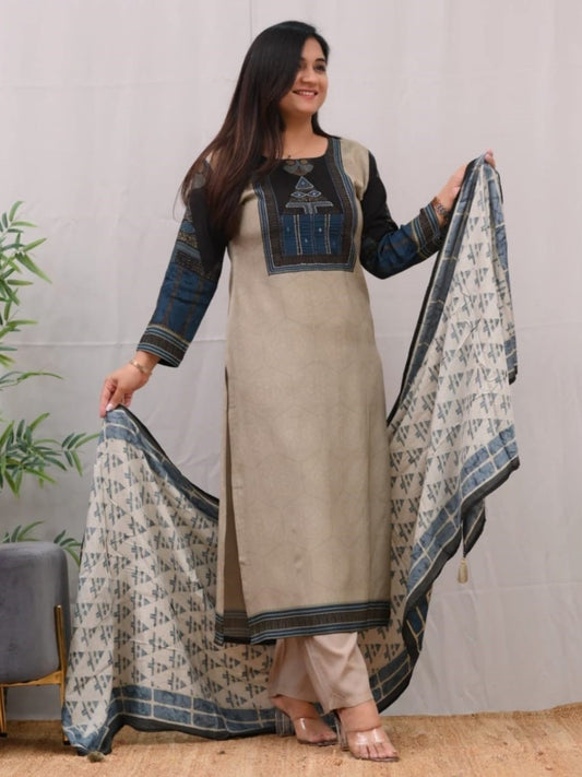 Elegant FlexFeb Lilen Cotton Coffee & Black 3-Piece Ethnic Suit Set with Printed Dupatta – Comfortable & Classy Outfit for Daily and Semi-Formal Wear