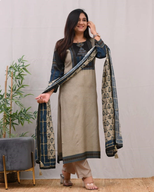 Elegant FlexFeb Lilen Cotton Coffee & Black 3-Piece Ethnic Suit Set with Printed Dupatta – Comfortable & Classy Outfit for Daily and Semi-Formal Wear