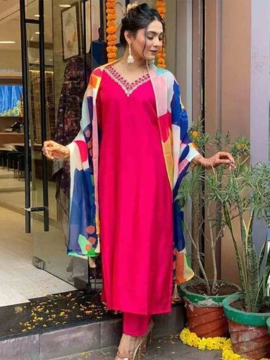 FlexFeb Viscose Rayon Pink & Blue 3-Piece Suit Set – Elegant Festive Ethnic Wear with Multicolor Printed Dupatta for Women