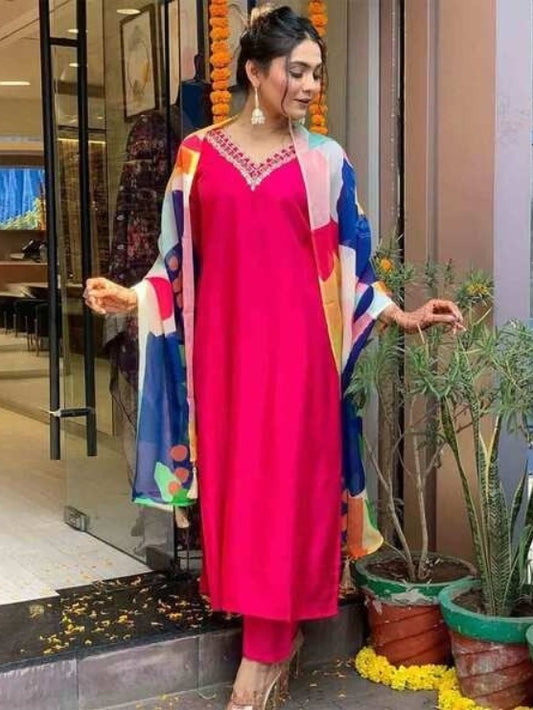 FlexFeb Viscose Rayon Pink & Blue 3-Piece Suit Set – Elegant Festive Ethnic Wear with Multicolor Printed Dupatta for Women