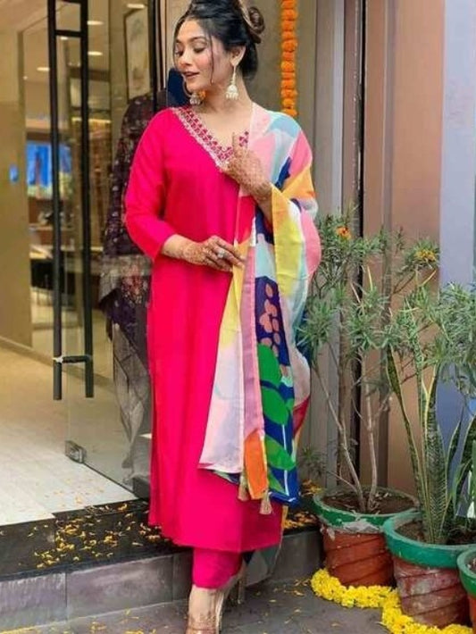 FlexFeb Viscose Rayon Pink & Blue 3-Piece Suit Set – Elegant Festive Ethnic Wear with Multicolor Printed Dupatta for Women