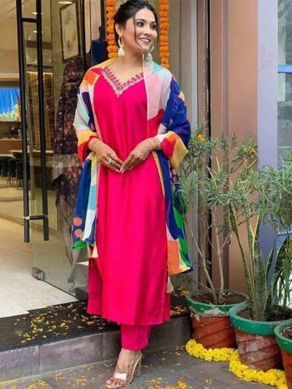 FlexFeb Viscose Rayon Pink & Blue 3-Piece Suit Set – Elegant Festive Ethnic Wear with Multicolor Printed Dupatta for Women