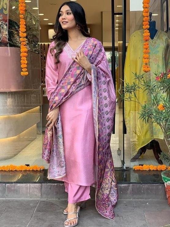 FlexFeb Elegant & Attractive Cotton Bluish Pink 3-Piece Suit Set – Subtle Charm Meets Vibrant Tradition for Timeless Appeal