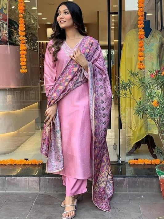 FlexFeb Elegant & Attractive Cotton Bluish Pink 3-Piece Suit Set – Subtle Charm Meets Vibrant Tradition for Timeless Appeal