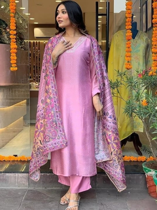 FlexFeb Elegant & Attractive Cotton Bluish Pink 3-Piece Suit Set – Subtle Charm Meets Vibrant Tradition for Timeless Appeal