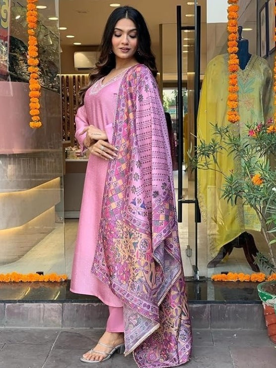 FlexFeb Elegant & Attractive Cotton Bluish Pink 3-Piece Suit Set – Subtle Charm Meets Vibrant Tradition for Timeless Appeal