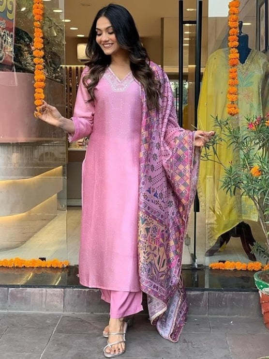 FlexFeb Elegant & Attractive Cotton Bluish Pink 3-Piece Suit Set – Subtle Charm Meets Vibrant Tradition for Timeless Appeal