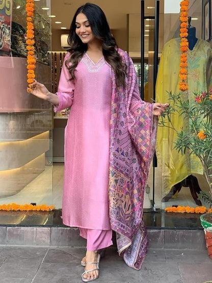 FlexFeb Elegant & Attractive Cotton Bluish Pink 3-Piece Suit Set – Subtle Charm Meets Vibrant Tradition for Timeless Appeal
