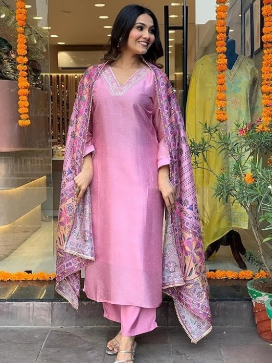 FlexFeb Elegant & Attractive Cotton Bluish Pink 3-Piece Suit Set – Subtle Charm Meets Vibrant Tradition for Timeless Appeal