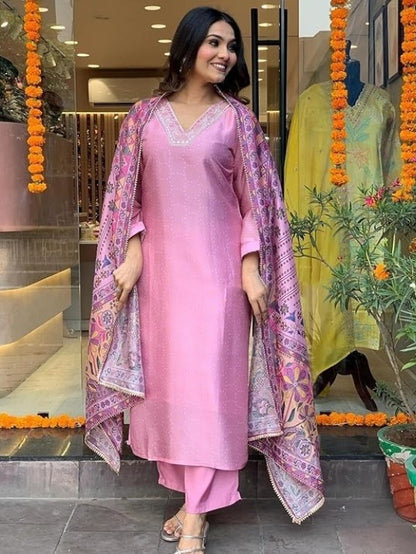 FlexFeb Elegant & Attractive Cotton Bluish Pink 3-Piece Suit Set – Subtle Charm Meets Vibrant Tradition for Timeless Appeal