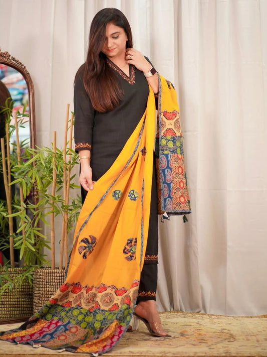 FlexFeb Elegant & Attractive Cotton Black and Yellow 3-Piece Suit Set – Bold Contrast with Traditional Charm for Timeless Style