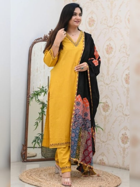 FlexFeb Elegant & Attractive Cotton Black and Yellow 3-Piece Suit Set – Bold Contrast with Traditional Charm for Timeless Style