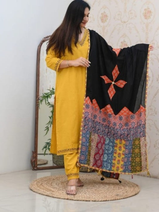 FlexFeb Elegant & Attractive Cotton Black and Yellow 3-Piece Suit Set – Bold Contrast with Traditional Charm for Timeless Style