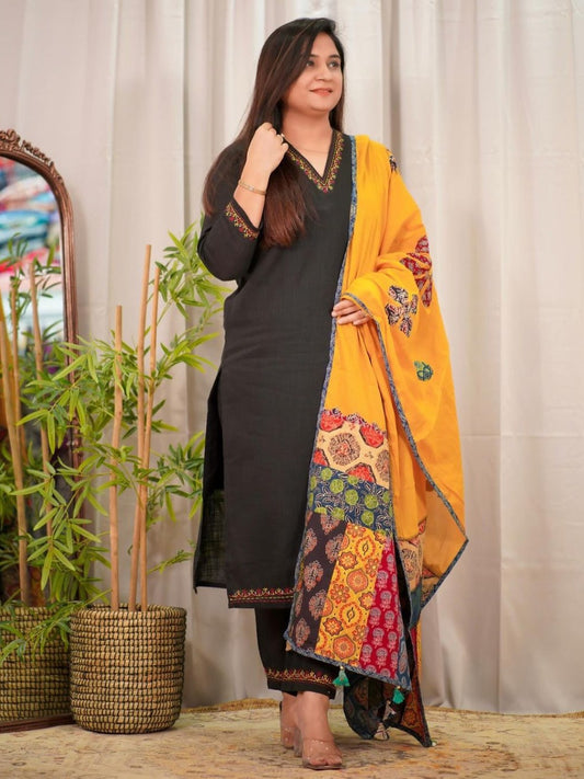 FlexFeb Elegant & Attractive Cotton Black and Yellow 3-Piece Suit Set – Bold Contrast with Traditional Charm for Timeless Style