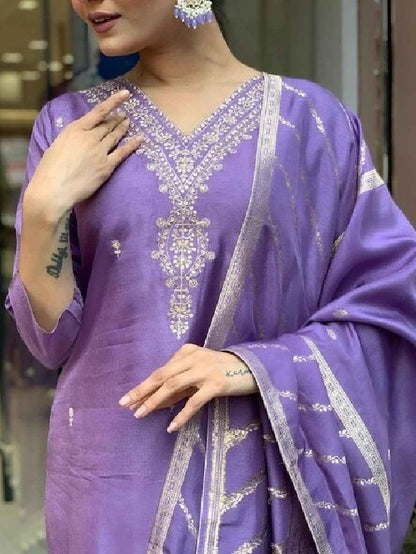 FlexFeb Elegant & Attractive Viscose Rayon Blue 3-Piece Suit Set – Premium Lavender-Toned Ethnic Wear for Festive Glam and Sophisticated Daily Looks