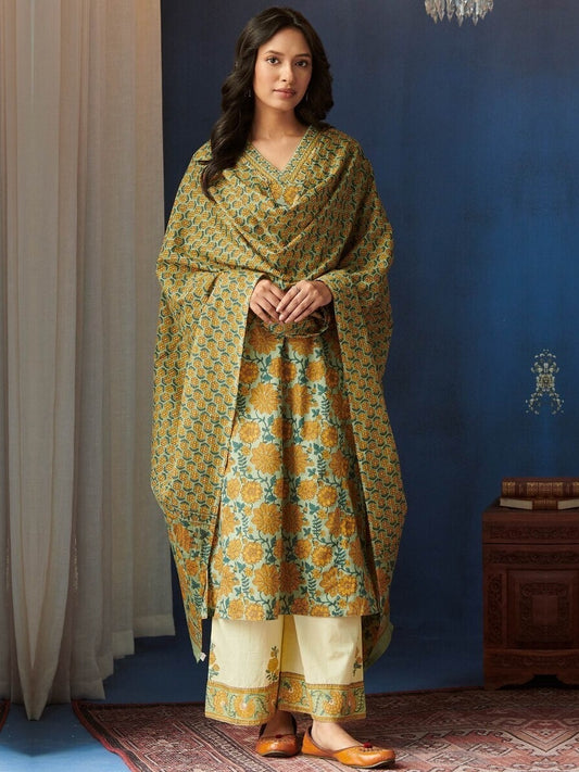 FlexFeb Elegant & Attractive Cotton Yellow Mehndi Design 3-Piece Suit Set – Premium Printed Ethnic Ensemble with Dupatta & Embroidered Bottoms