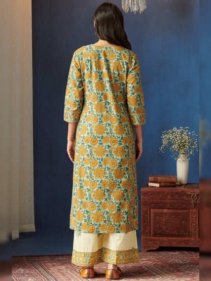 FlexFeb Elegant & Attractive Cotton Yellow Mehndi Design 3-Piece Suit Set – Premium Printed Ethnic Ensemble with Dupatta & Embroidered Bottoms