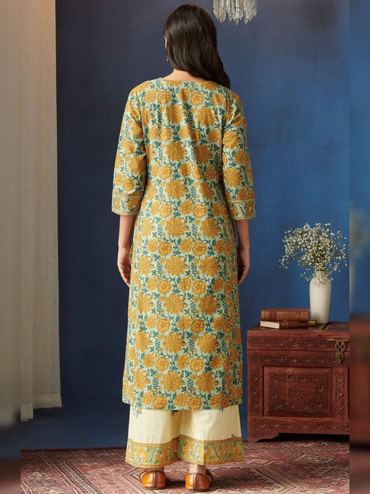 FlexFeb Elegant & Attractive Cotton Yellow Mehndi Design 3-Piece Suit Set – Premium Printed Ethnic Ensemble with Dupatta & Embroidered Bottoms