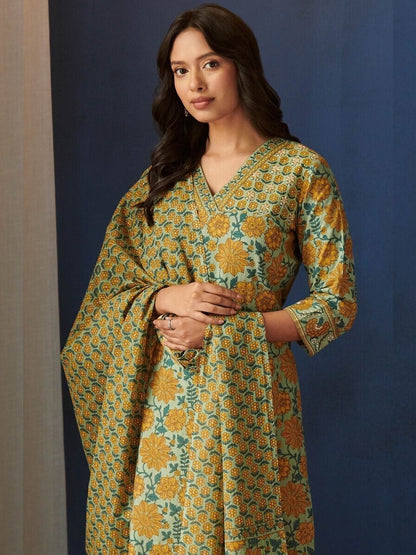 FlexFeb Elegant & Attractive Cotton Yellow Mehndi Design 3-Piece Suit Set – Premium Printed Ethnic Ensemble with Dupatta & Embroidered Bottoms