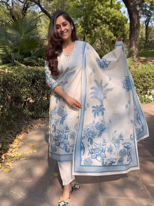 FlexFeb Elegant & Attractive Rayon Cotton White Suit with Blue Floral Print – 3-Piece Designer Ethnic Set with Dupatta
