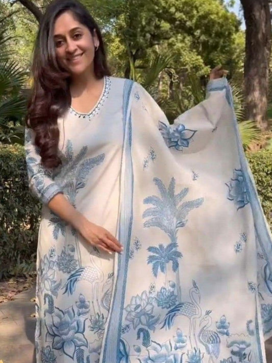 FlexFeb Elegant & Attractive Rayon Cotton White Suit with Blue Floral Print – 3-Piece Designer Ethnic Set with Dupatta