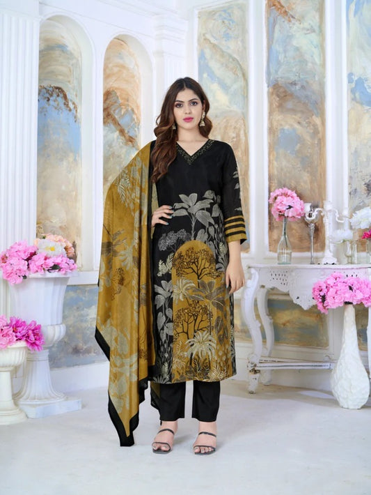 FlexFeb Elegant Chinon Black 3-Piece Suit Set with Golden Yellow Floral Dupatta – Premium Ethnic Wear for Women