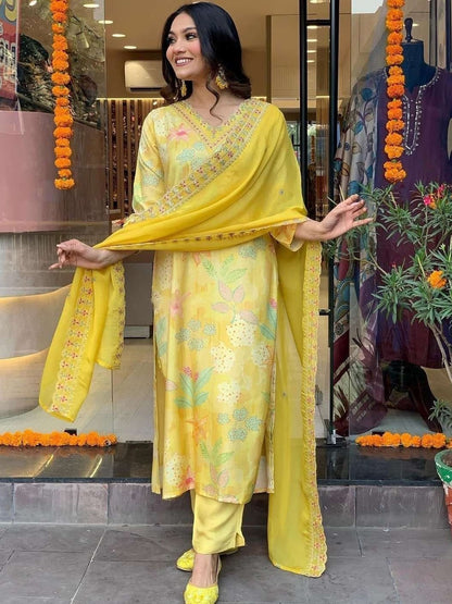 FlexFeb Radiant Rayon Yellow Lemon 3-Piece Suit Set – Elegant Floral Ethnic Wear for a Refreshing Day Look