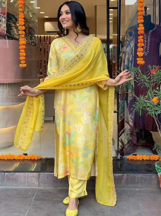 FlexFeb Radiant Rayon Yellow Lemon 3-Piece Suit Set – Elegant Floral Ethnic Wear for a Refreshing Day Look