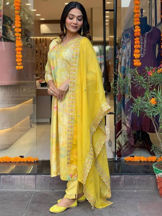 FlexFeb Radiant Rayon Yellow Lemon 3-Piece Suit Set – Elegant Floral Ethnic Wear for a Refreshing Day Look