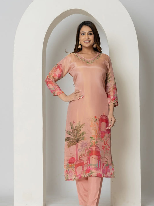 FlexFeb Graceful Chinon Light Pink 3-Piece Suit Set – Elegant Ethnic Wear with Pastel Charm & Floral Luxe Feel