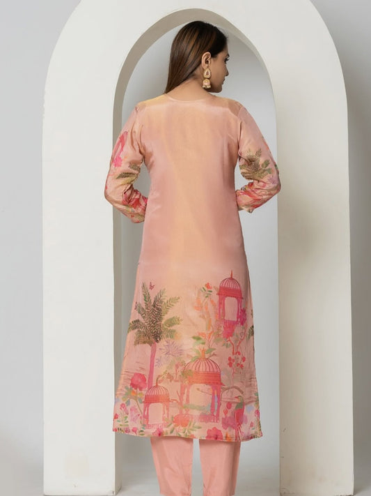 FlexFeb Graceful Chinon Light Pink 3-Piece Suit Set – Elegant Ethnic Wear with Pastel Charm & Floral Luxe Feel