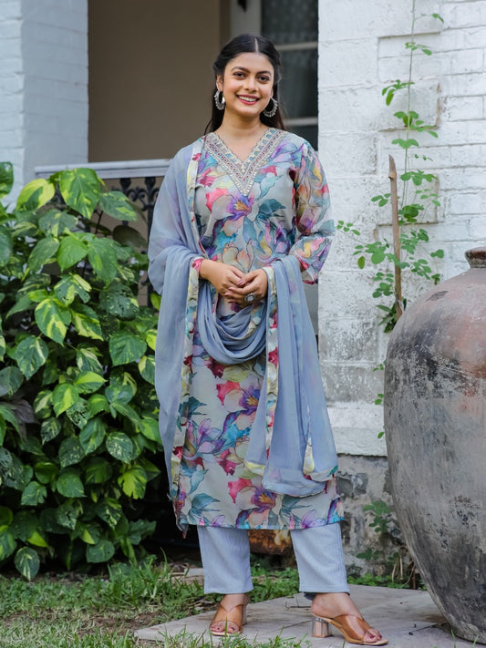 FlexFeb Elegant Teby Silk Blue-Grey Floral 3-Piece Suit Set – Stylish Designer Ethnic Wear with Printed Kurta and Flowy Dupatta