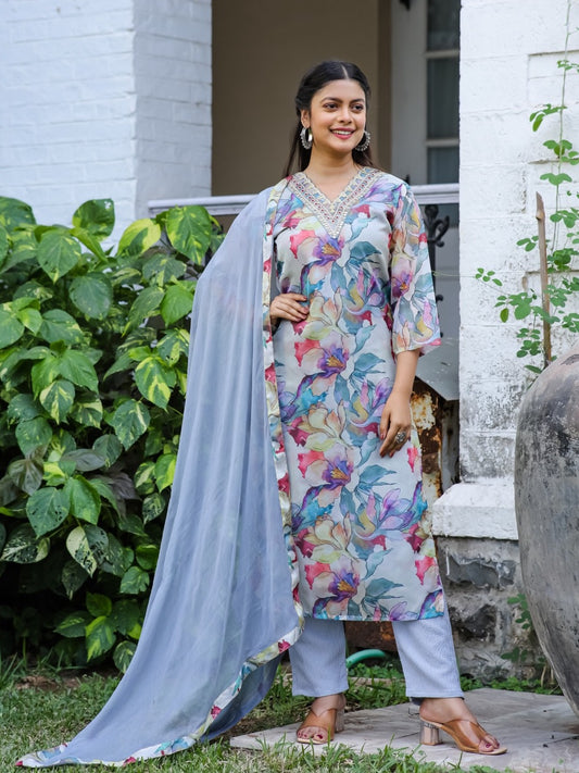 FlexFeb Elegant Teby Silk Blue-Grey Floral 3-Piece Suit Set – Stylish Designer Ethnic Wear with Printed Kurta and Flowy Dupatta