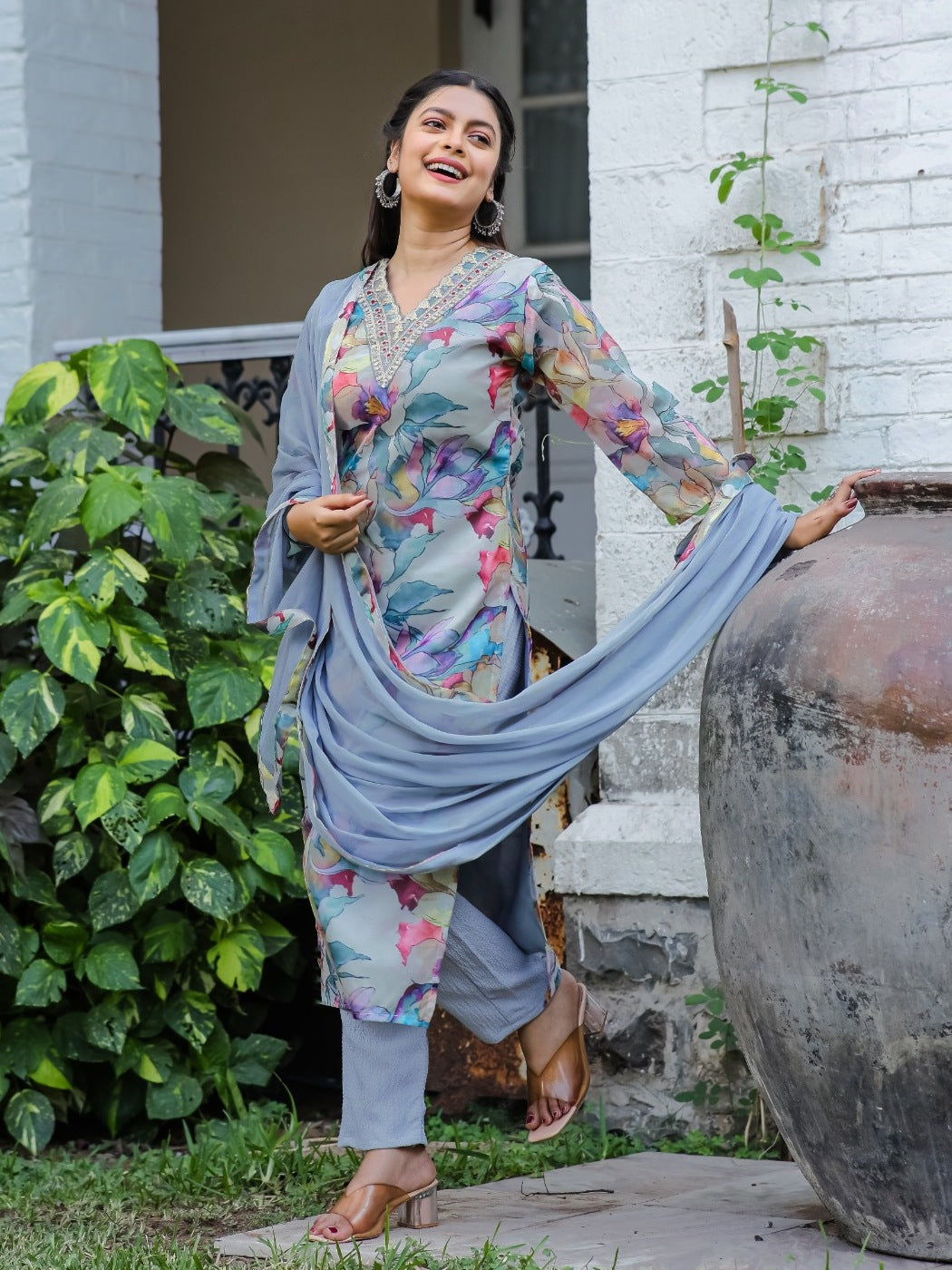 FlexFeb Elegant Teby Silk Blue-Grey Floral 3-Piece Suit Set – Stylish Designer Ethnic Wear with Printed Kurta and Flowy Dupatta