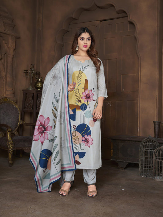 FlexFeb Graceful Grey Floral Stitched Dress Suit Set Printed Top Bottom with Dupatta