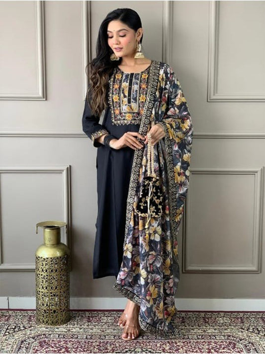 FlexFeb Elegant Black Embroidered Stitched Dress Suit Set with Floral Dupatta Top Bottom