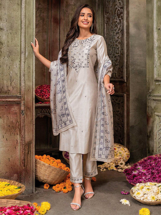 FlexFeb Ivory Mirror Embellished Stitched Dress Suit Set Top Bottom Dupatta