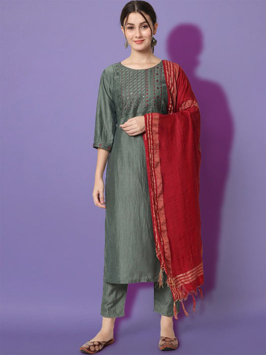 FlexFeb Medium Grey Embroidered Stitched Dress Suit Set Contrasting Dupatta Top Bottom