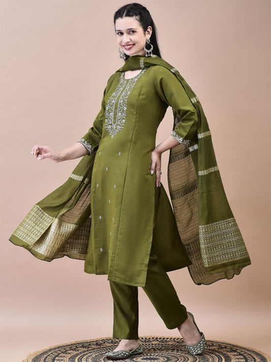 FlexFeb Olive Green Embroidered Stitched Dress Suit Set Top Bottom Dupatta